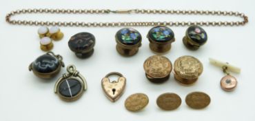 A quantity of Victorian buttons, two swivel fobs, rolled gold chain etc
