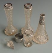 Three cut glass hallmarked silver mounted vases, height 16cm, hallmarked silver cut glass dressing
