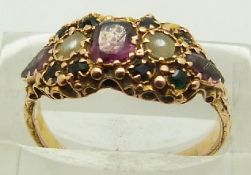 Victorian 15ct gold ring set with amethyst, pearls and tourmaline, Birmingham 1872, 2.8g, size O
