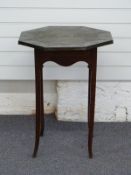 Arts and Crafts oak hexagonal table with hammered and engraved copper top and label for Blow, Wright