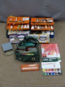 A combined artist's easel box and an extensive collection of artist's materials, some unused,