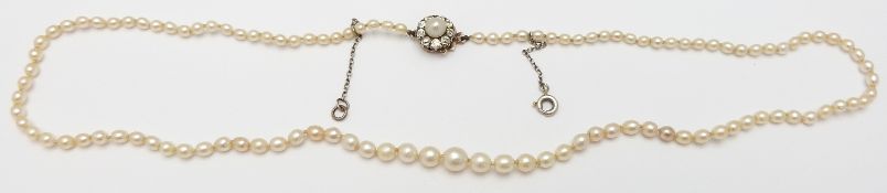 A single strand of natural pearls with diamond and pearl clasp, with AnchorCert report, 7.8g