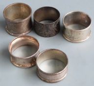 Five various hallmarked silver napkin rings, weight 91g