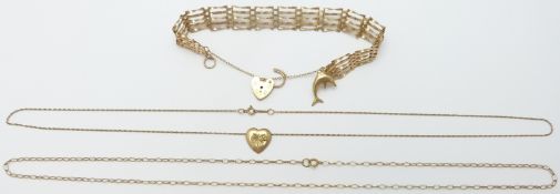 A 9ct gold gate bracelet and two 9ct gold necklaces, 10.0g