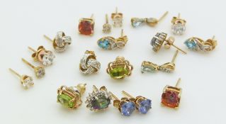 Nine pairs of 9ct gold earrings set with diamonds, topaz, peridot etc, 9g