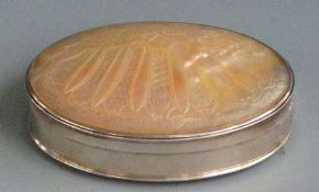 18th century silver mounted mother-of-pearl tobacco box with carved lid, engraved to front Richard