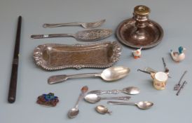 Collection of bijouterie items including guilloché enamel and white metal pill box, plated ware