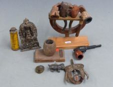 Lister Wood Craft teak matchholder made from wood of HMS Terrible, novelty pipes in a rack including
