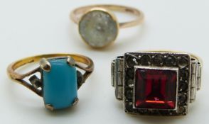 Art Deco 9ct gold and silver ring set with paste, a 9ct gold ring set with zircon and another