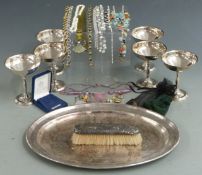 Silver plated tray, set of six goblets, silver mounted brush, costume jewellery etc