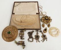 A Czech brooch, silver earrings, gilt buckle, 9ct gold necklace (4.2g) and a faux pearl necklace