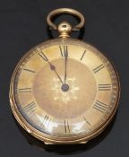 18ct gold open faced pocket watch with blued hands, black Roman numerals, engraved self-coloured