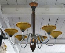 French Art Deco six-branch ceiling light together with two lamp shades