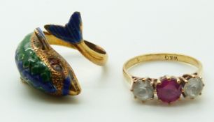 A yellow metal ring in the form of a dolphin set with enamel and a 9ct gold ring set with paste, 7.