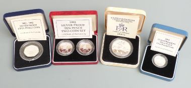1992 and 1993 Royal Mint cased silver proof coins comprising ten pence set, Coronation 40th
