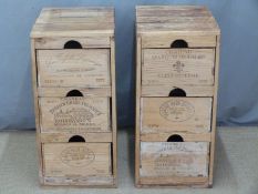 Two bedside or similar chests of three drawers made from wine cases, W37 x D52 x H78cm