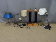 Seven various table and desk lamps including a pair with black columns