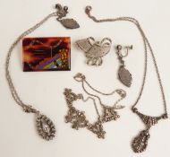 Two silver and marcasite necklaces, silver brooch set with marcasite, paste pendant, Art Deco brooch