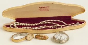 Japanese Satsuma brooch, pocket watch, faux pearl necklace etc