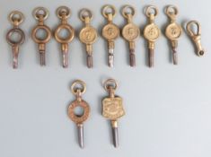 Eleven pocket watch keys including one Norville Gloucester and another G A Baker, Southgate,