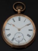 Swiss gold plated keyless winding open faced pocket watch with inset subsidiary seconds dial, gold