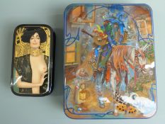 Two Russian lacquer boxes, one depicting a nude lady in the style of a Klimt portrait (approximately