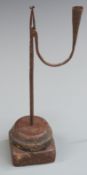Georgian wrought iron and wooden rush light holder, height 35cm
