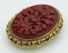 Chinese silver brooch/ clip set with cinnabar lacquer, marked China SUNC