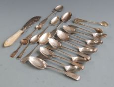 Hallmarked silver spoons to include a set of nine Georgian teaspoons and a set of silver sugar