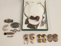 Three pairs of bespoke silver earrings, silver brooches, large bespoke silver necklace and