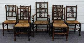 Seven 19thC rush seated dining chairs (6+1) with turned spar backs and tapering legs with pad