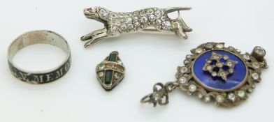 Victorian pendant set with guilloché enamel and paste, a Victorian brooch in the form of a dog set