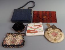 A collection of bags including vintage bead-work example, Spanish alligator skin clutch, ladies
