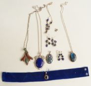 Silver jewellery including necklaces and earrings set with lapis lazuli, a silver pendant set with
