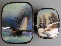 Two Russian hand-decorated lacquer boxes, one with hinged lid and sailing ship, signed Koroboi (