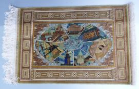 Turkish Hereke Turkish rug with central seven wonders of the world design, 100 x 68cm.