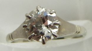 A platinum ring set with an old cut diamond measuring approximately 1.1ct, 2.0g, size I/J