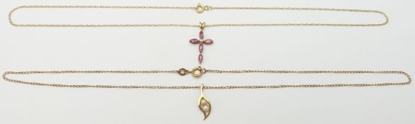 Two 9ct gold chains, a 9ct gold cross pendant set with a diamond and pink sapphires and a 9ct gold