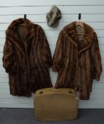 Two mink coats together with mink Jenners Edinburgh fur hat and vintage suitcase