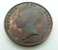 1854 Victoria young head copper penny, PT toned with some lustre, DEF close colon, EF - near unc