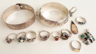 Two silver bangles, silver buckle ring, Blue John pendant, silver rings, silver pendant set with