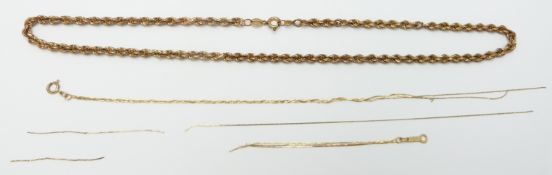 A 9ct gold rope twist necklace and sections of chain, 5.9g