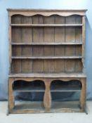 Antique pine dresser with plate rack top and shelf to base, W140 x D46 x H196cm