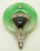 Art Deco clip set with a circle of jadeite, onyx and old cut diamonds, 3.8 x 2.7cm