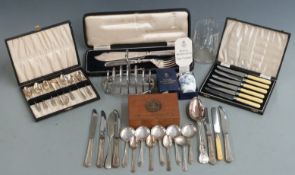Silver plated ware to include three cased sets of cutlery, toast rack, cutlery, Festival of