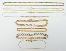 Four 9ct gold bracelets including tri-coloured, ropetwist and curb link and three 9ct gold