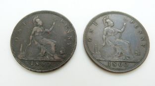Two 1860 young head Victorian pennies, TB LCW under shield, GF-VF
