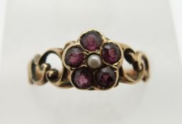 Victorian 9ct gold ring set with garnets and a seed pearl, Birmingham 1871, 1.3g, size K