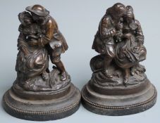 Pair of bronze figural groups of a young lady and her beau, both approximately 22cm tall