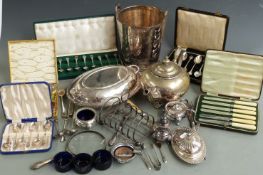 Silver plated ware to include ice bucket, height 23cm, teapot, cased cutlery, salts with blue